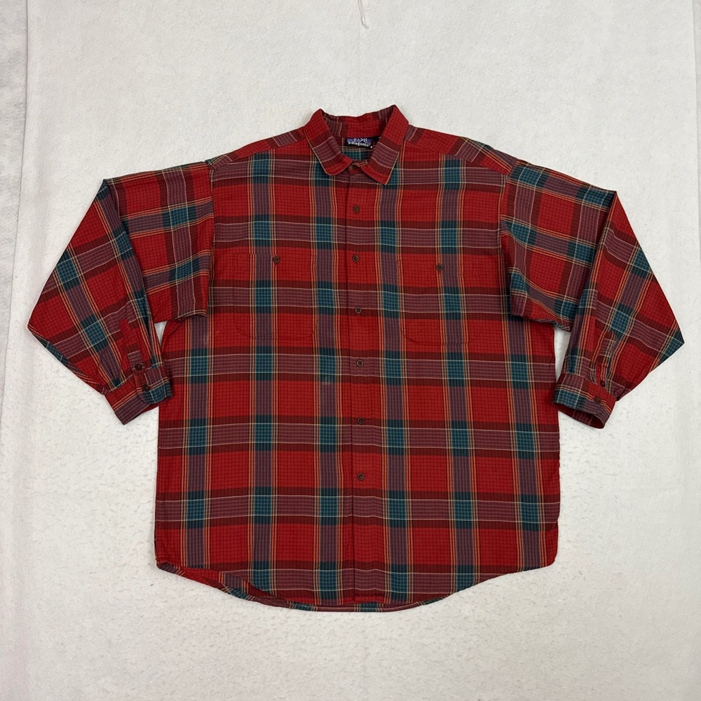 Patagonia Mens Large Red Plaid Flannel Button Up Shirt Made in Portugal 14061